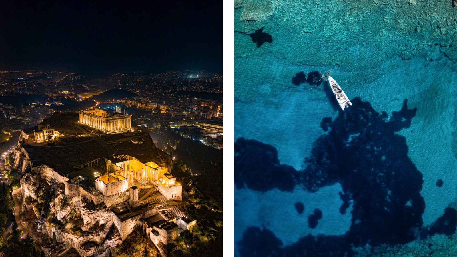 BIldmontage, links Akropolis, rechts Yacht auf dem Meer