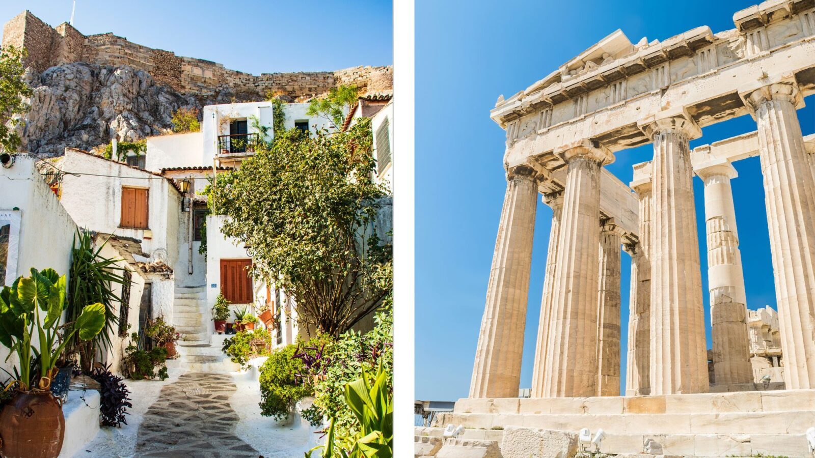 Bildmontage, links Athen, rechts Parthenon-Tempel Akropolis