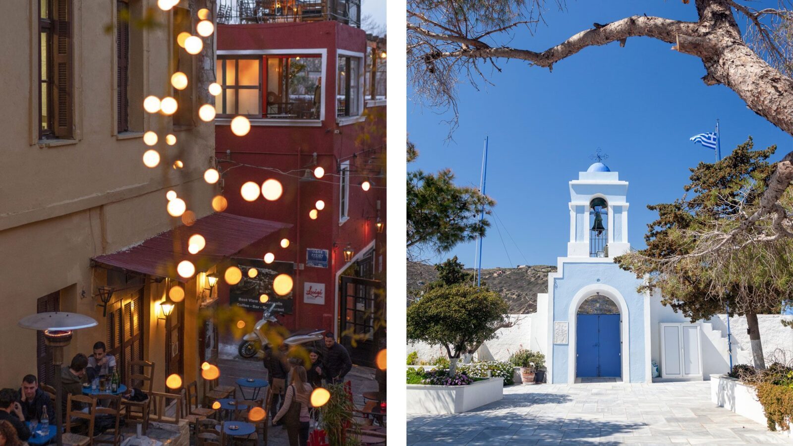 Bildmontage, links Plaka in Athen, rechts Kea